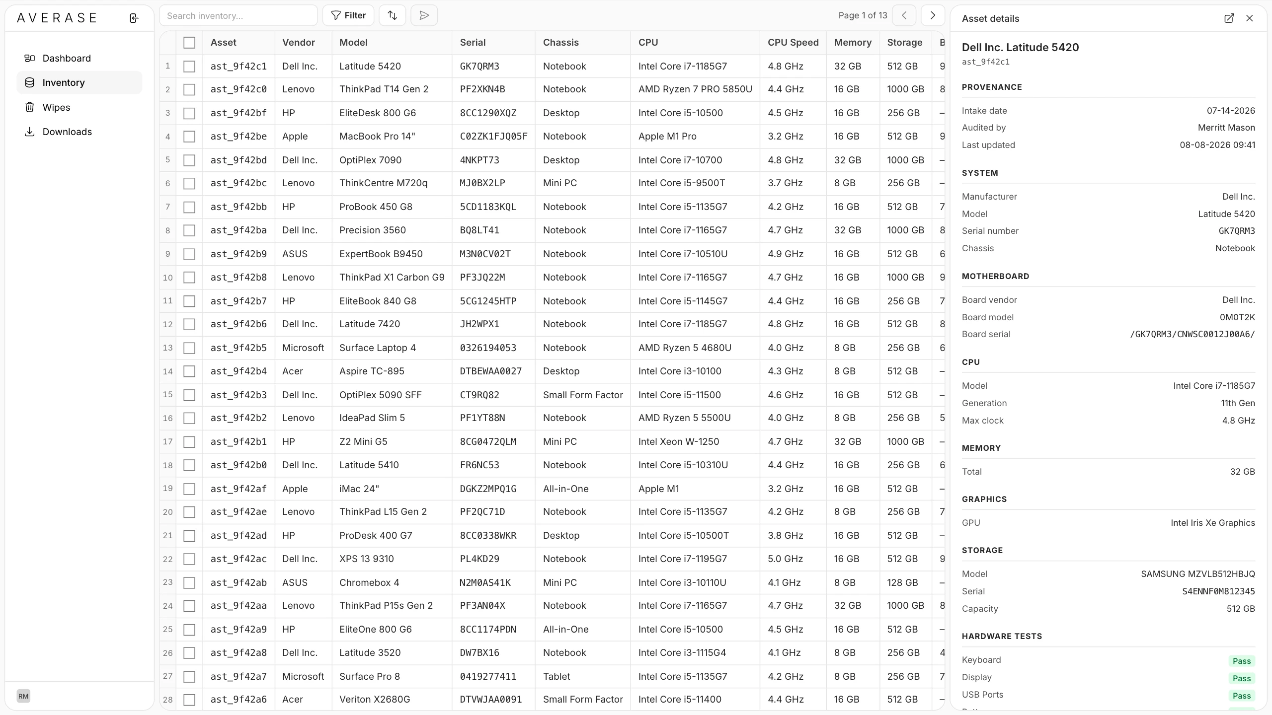 The Averase web app showing its inventory of devices by serial number, with a Dell Latitude 5420 open in the asset details drawer